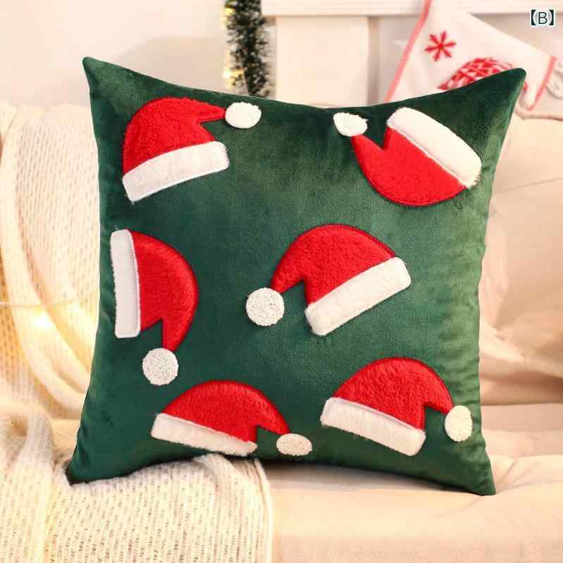 クッションカバー ベルベット ベロア生地 クリスマス柄 刺繍 帽子 手袋 モチーフ 上質 肌触り 柔らかい 高級感 北欧風 リビング 寝室 ソファ用 45x45cm [3]