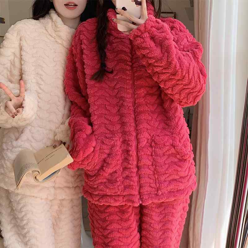 パジャマ ルームウェア セットアップ レディース あったか 保温 厚手 もこもこ サンゴフリース スタンドカラー ジップアップ 長袖 ロングパンツ 韓国風 かわいい 秋冬