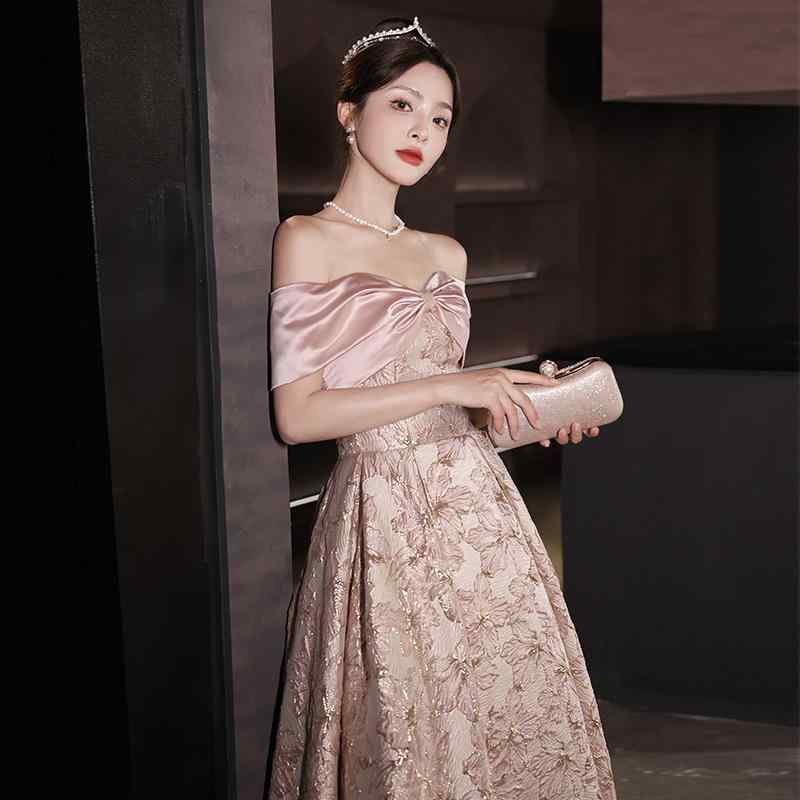 ワンピース レディース ワンショルダー ピンク ライトラグジュアリー 上品 個性的 エンゲージメント 結..