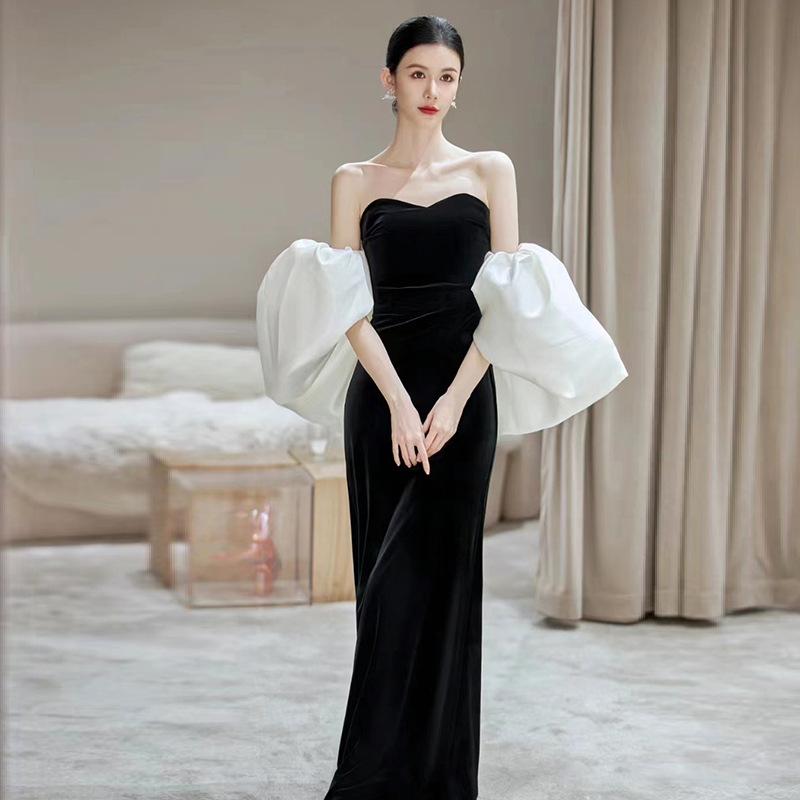 ドレス レディース チューブトップ ベアトップ マーメイド マーメイドライン ロング丈 ライトラグジュアリー 個性的 ユニーク イブニングドレス 婚約ドレス 司会者 MC フォーマルドレス ブラック
