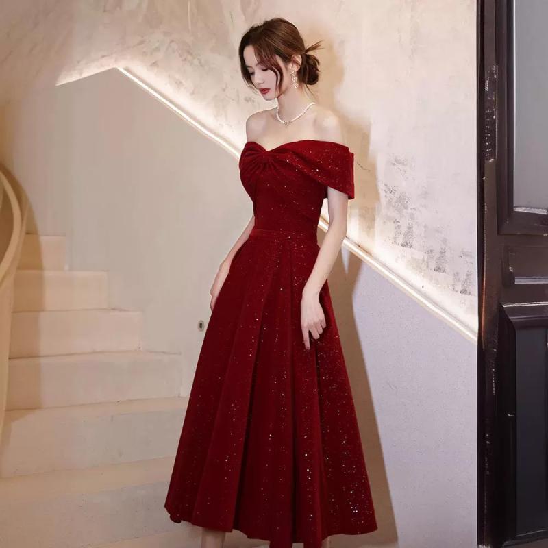 ワンピース レディース 花嫁 披露宴 オフショルダー 赤 ワインレッド 婚約式 エンゲージメント 二次会 ..