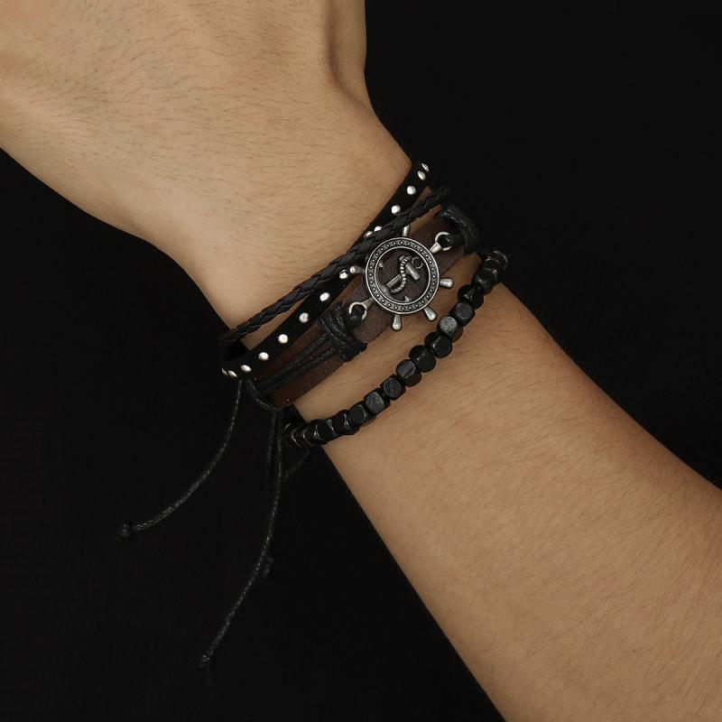 ブレスレット メンズ ユニセックス 編み込み 手編み 合金 本革 ヴィンテージ 個性的 アンカー パンク ..