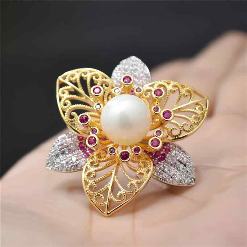 ブローチ レディース 銅製 マイクロセッティング ジルコニア 立体 二層 花 パール バイカラー エレガント 万能 フォーマル 結婚式 パーティー 入学式 卒業式 ゴールドカラー ピンアクセサリー