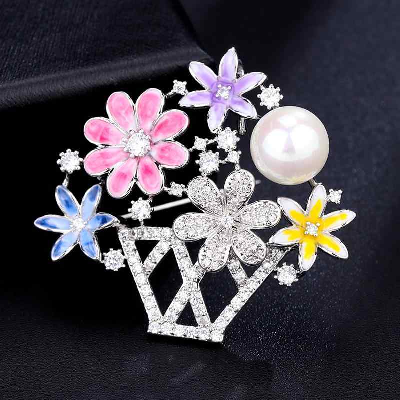 ブローチ レディース 上品 天然淡水パール 小粒ジルコニア フラワーバスケット 韓国風 銅製 おしゃれ フォーマル セレモニー 結婚式 入学式 卒業式 パーティー コサージュ 胸飾り