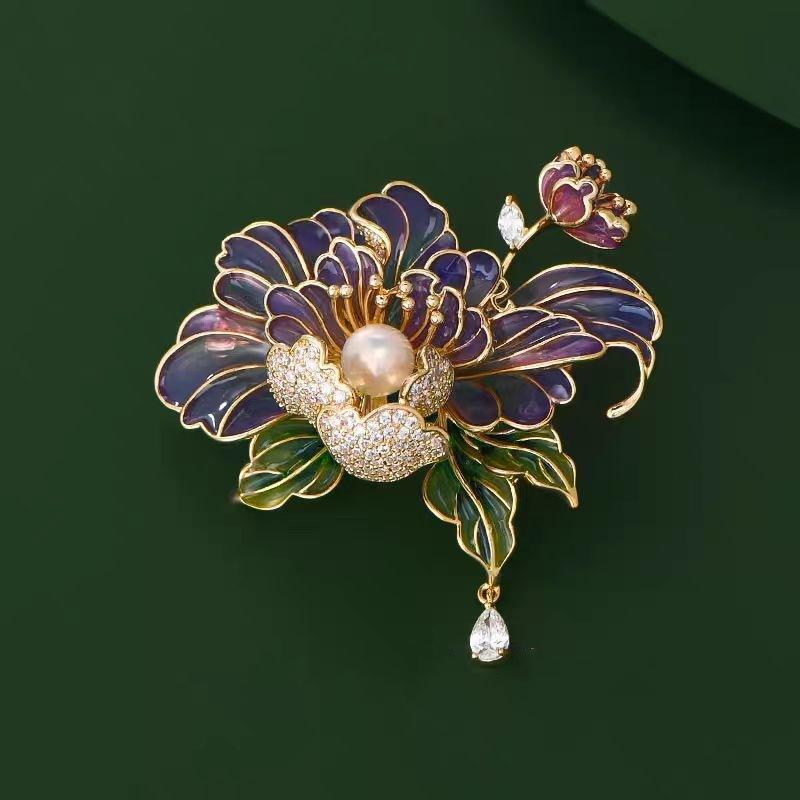 ブローチ レディース 中国風 高級感 銅製 エナメル彩 紫 牡丹 淡水パール レトロ チャイナドレス パー..