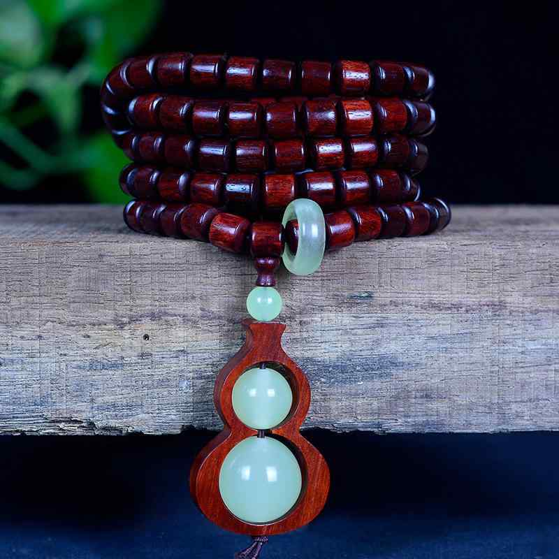 ネックレス ブレスレット ユニセックス ザンビア紫檀 天然木 高密度 樽型ビーズ 2way 多連 蓄光ひょうたん ラッキーアイテム アクセサリー
