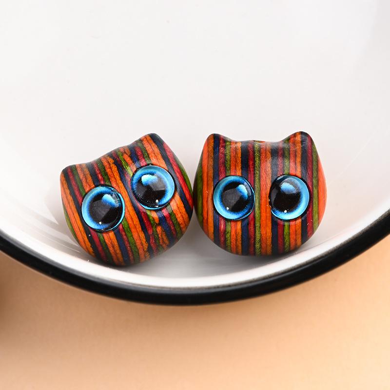 チャーム DIY 手作り キャラクター 彩色木彫り ビッグアイ 猫顔 子猫 ペンダント キーホルダー 携帯ストラップ アクセサリー パーツ