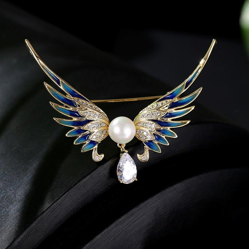 ブローチ レディース 高級感 エナメル彩絵 天使の羽根 淡水パール おしゃれ スタイリッシュ コート スーツ ジャケット オフィス 通勤 フォーマル 卒業式 入学式 結婚式 パーティー ギフト プレゼント 女性用