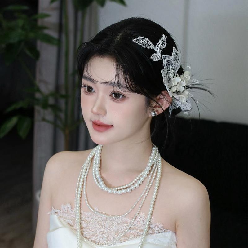 髪飾り レディース 結婚式 ウェディング ブライダル 花嫁 手作り 布製 オーガンジー レース フラワーモチーフ 上品 エレガント 華やか サイドクリップ 披露宴 二次会 前撮り フォトウェディング