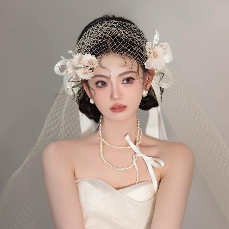 ヘアアクセサリー 花嫁 ブライダル オリジナルデザイン シャンパンゴールド ハンドメイド フラワー レ..