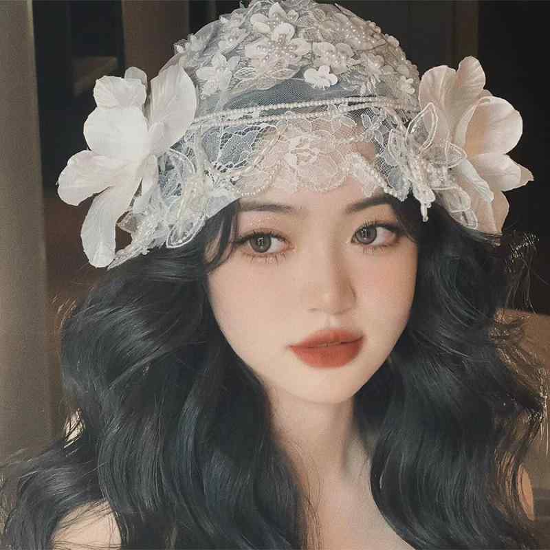 ヘアアクセサリー レディース ブライダル ウェディング 花嫁 レトロ 民国風 レース 花 エレガント 高級感 繊細 上品 写真撮影 フォトウェディング 前撮り 披露宴 卒業式 成人式