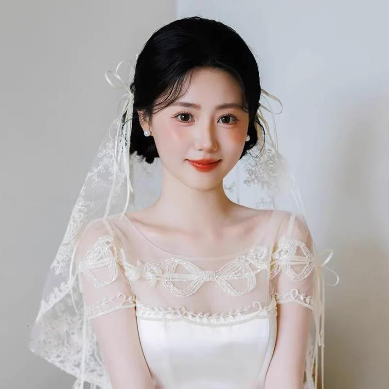 ウェディングベール レディース フレンチレトロ アンティーク風 レース リボン ヘッドドレス 結婚式 ブ..