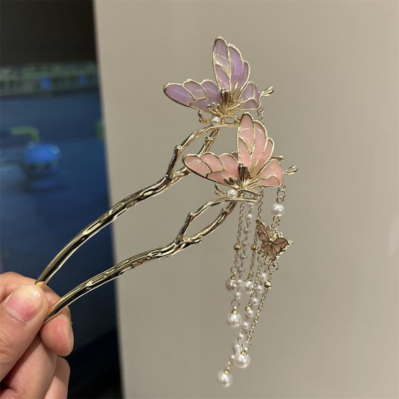 かんざし レディース 蝶 パール タッセル 新中華風 レトロ 揺れる 歩揺 ヘアスティック まとめ髪 漢服 ..