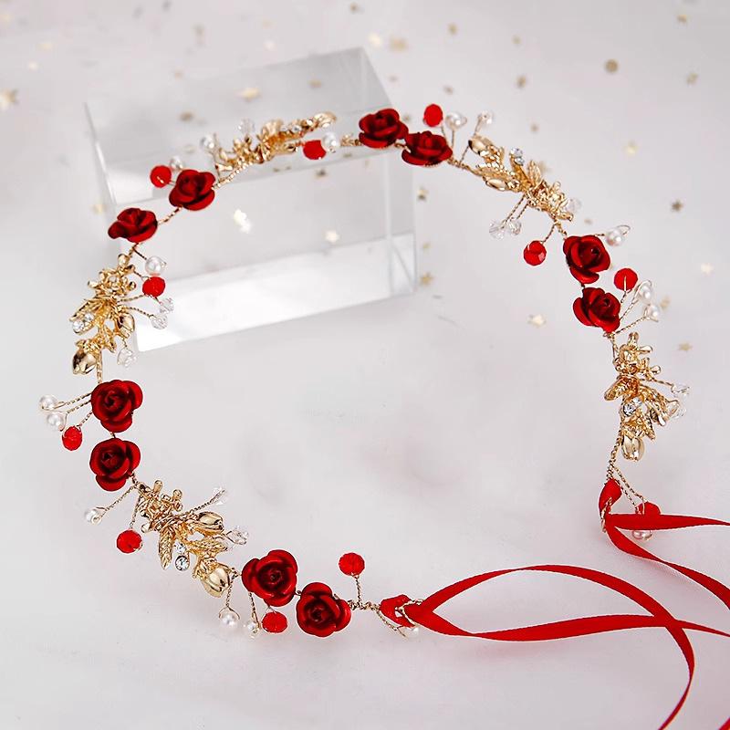 ヘッドドレス レディース 結婚式 ブライダル 花冠 赤 カチューシャ パール ラインストーン ウェディング 披露宴 二次会 パーティー お呼ばれ フラワーヘアバンド エレガント ナチュラル(x2)
