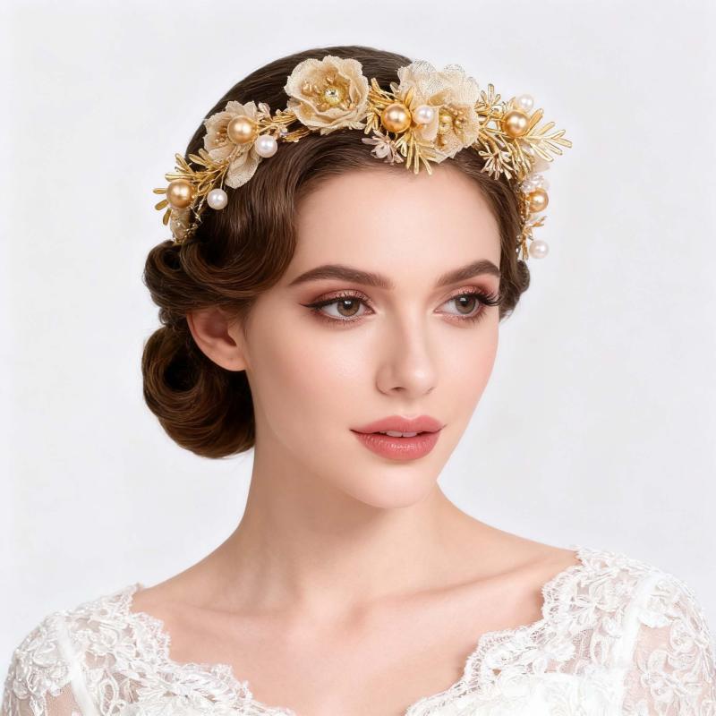 ヘアアクセサリー レディース 手作り 立体装飾 ブライダル ウェディング リーフ 花冠 ゴールド カチューシャ リゾート ビーチ プリンセス ヘッドドレス お呼ばれ(x2)