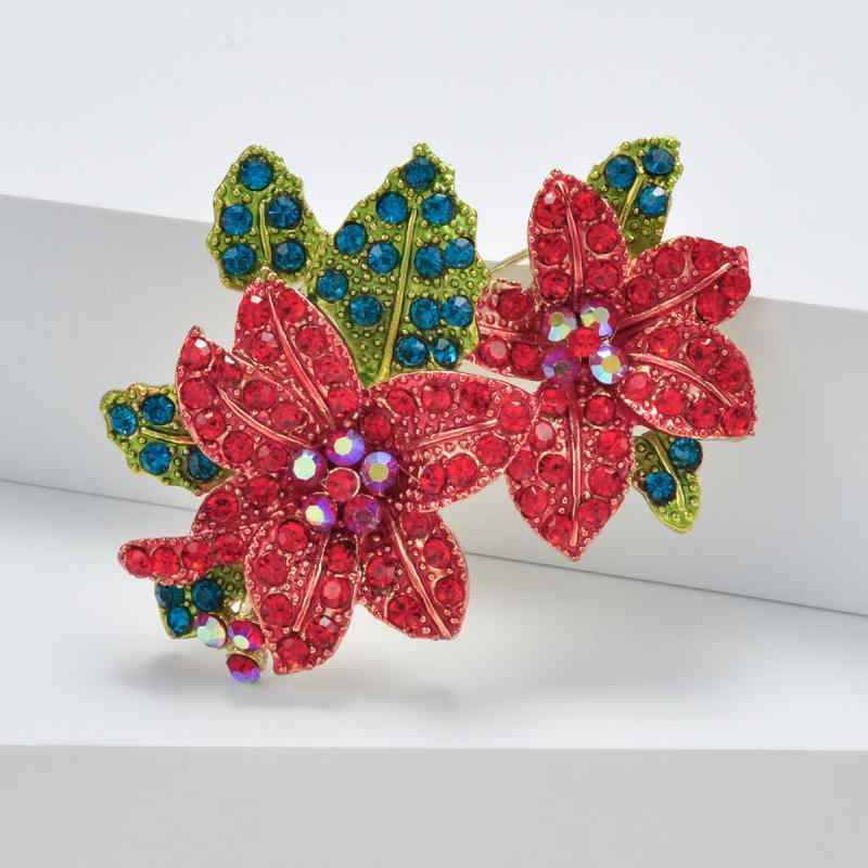 ブローチ レディース メンズ ジルコニア 赤花緑葉 花 フラワー エレガント 上品 気品ある 電気メッキ加..