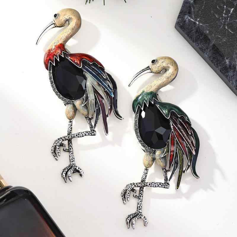 ブローチ 男女兼用 ヴィンテージ レトロ 高級感 タンチョウ 鶴モチーフ ドロップオイル エナメル クリ..