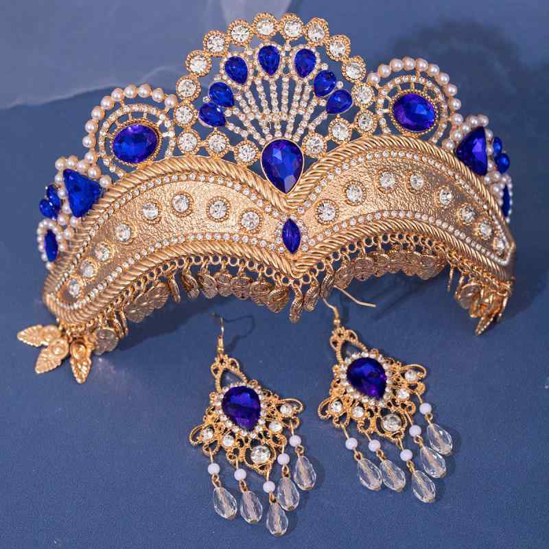 ヘッドドレス 花嫁 レディース 高級感 ラインストーン タッセル クラウン ティアラ イヤリング セット 欧米風 異国風 撮影 ウェディング ブライダル 電気メッキ加工