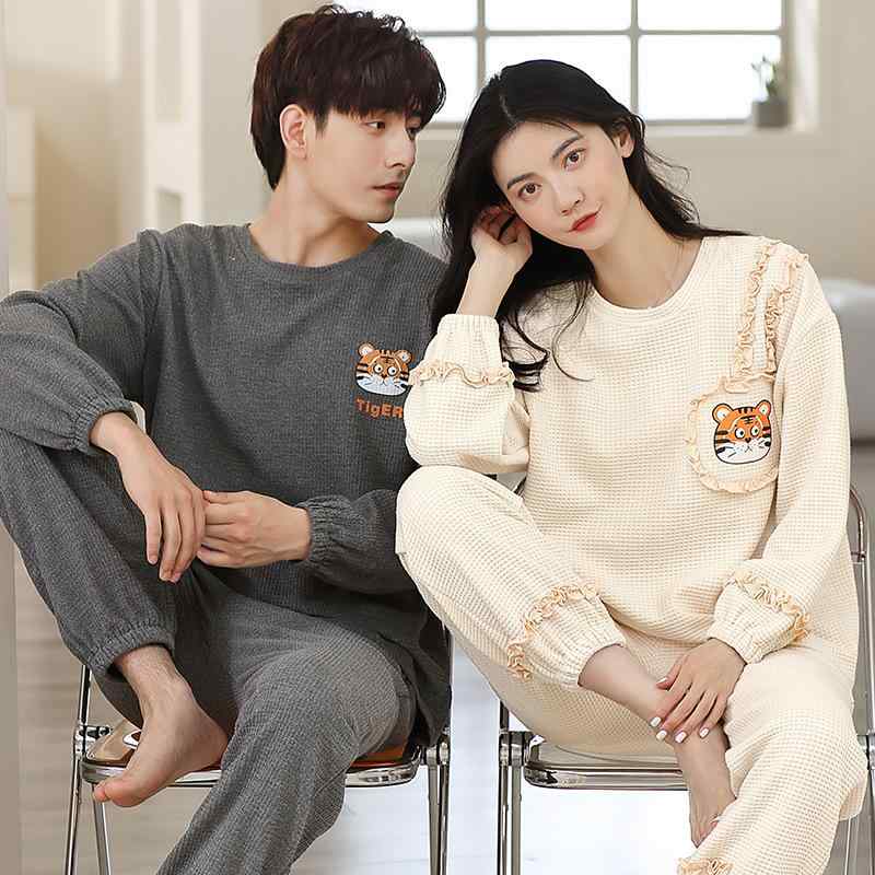 パジャマ カップル ペア 長袖 長パンツ セットアップ 純綿 コットン ワッフル生地 キャラクター 動物柄..