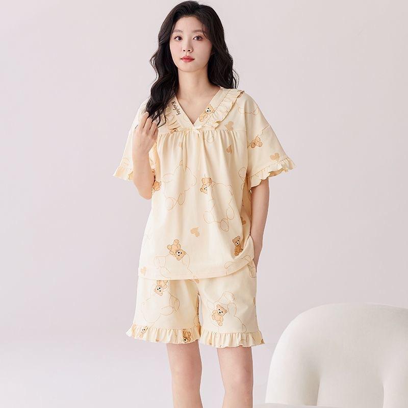 ルームウェア レディース パジャマ 夏物 綿100% クマ柄 ショートパンツ セットアップ かわいい 薄手 通気性 半袖 Vネック フレンチシッ..