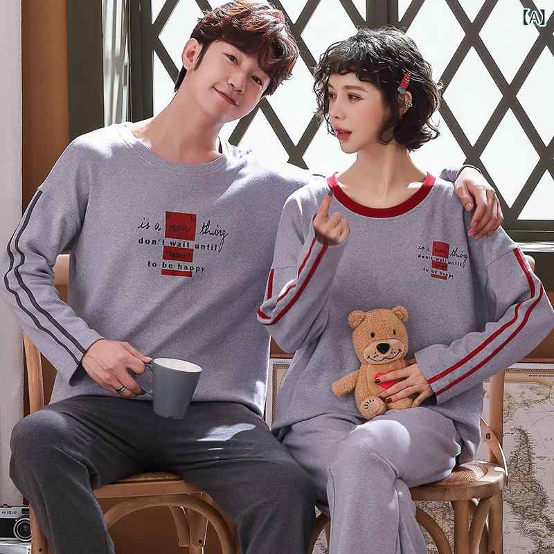 セキュアデポのパジャマ カップル ペア メンズ レディース 男女兼用 オールシーズン 韓国風 綿95% ニット 長袖 長ズボン プルオーバー キャラクター柄 かわいい 快適 通気性 伸縮性 保温 部屋着 外出OK ルームウェア セットアップ｜アングル2