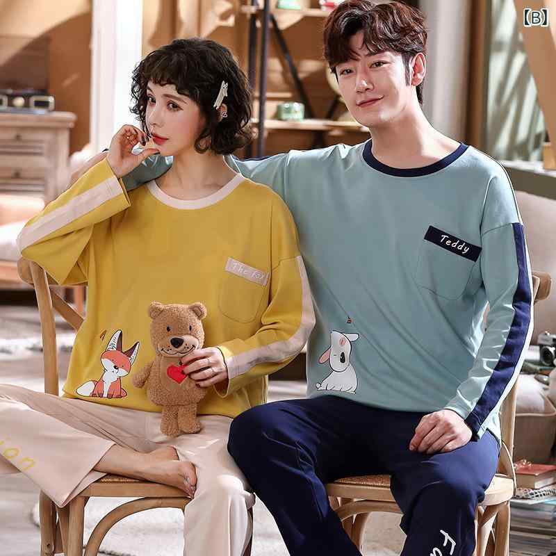 セキュアデポのパジャマ カップル ペア メンズ レディース 男女兼用 オールシーズン 韓国風 綿95% ニット 長袖 長ズボン プルオーバー キャラクター柄 かわいい 快適 通気性 伸縮性 保温 部屋着 外出OK ルームウェア セットアップ｜アングル3