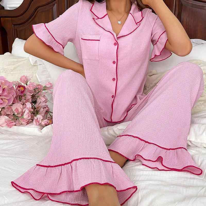 ルームウェア レディース 通気性 涼しい 快適 ストレッチ 欧米風 テーラードカラー 開襟シャツ 半袖 ロングパンツ セットアップ フリル パジャマ ワンマイルウェア ゆったり スウィート 春夏