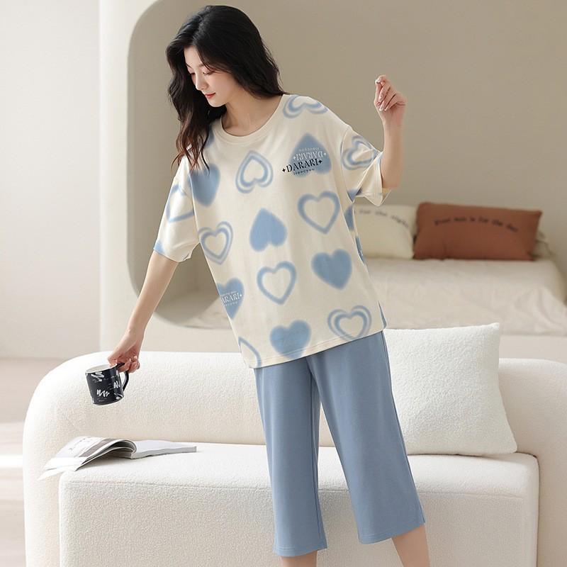 パジャマ ルームウェア レディース 綿 春夏 薄手 半袖 七分丈パンツ 高級感 ワンマイルウェア 部屋着 快適 丸首 カジュアル セットアップ