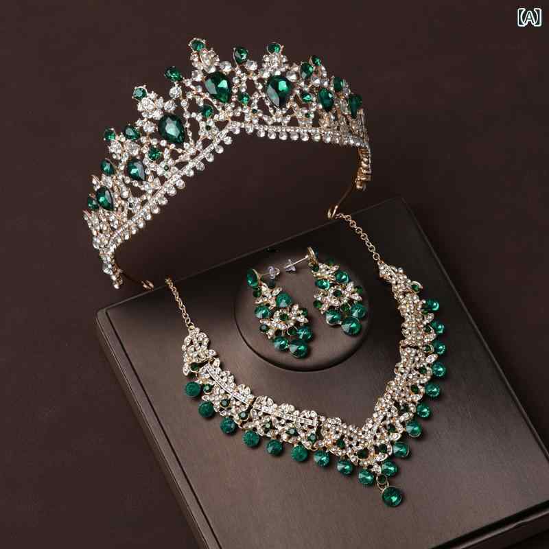 ヘッドドレス 花嫁 ウェディング バロック 欧米レトロ 王冠 クラウン ティアラ 緑 ジルコニア 電気メッキ加工 3点セット 結婚式 プリンセス 髪飾り ヘアアクセサリー 2