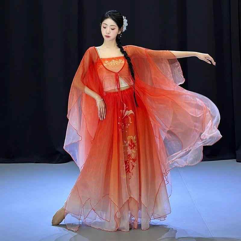 舞踊衣装 レディース 春夏 古典 錦鯉デザイン シアーブラウス 優雅 軽やか 広がる裾 フレアスカート ワイドスリーブ セットアップ 舞台 発表会 ダンス衣装 大人用 リネン混 ポリエステル素材