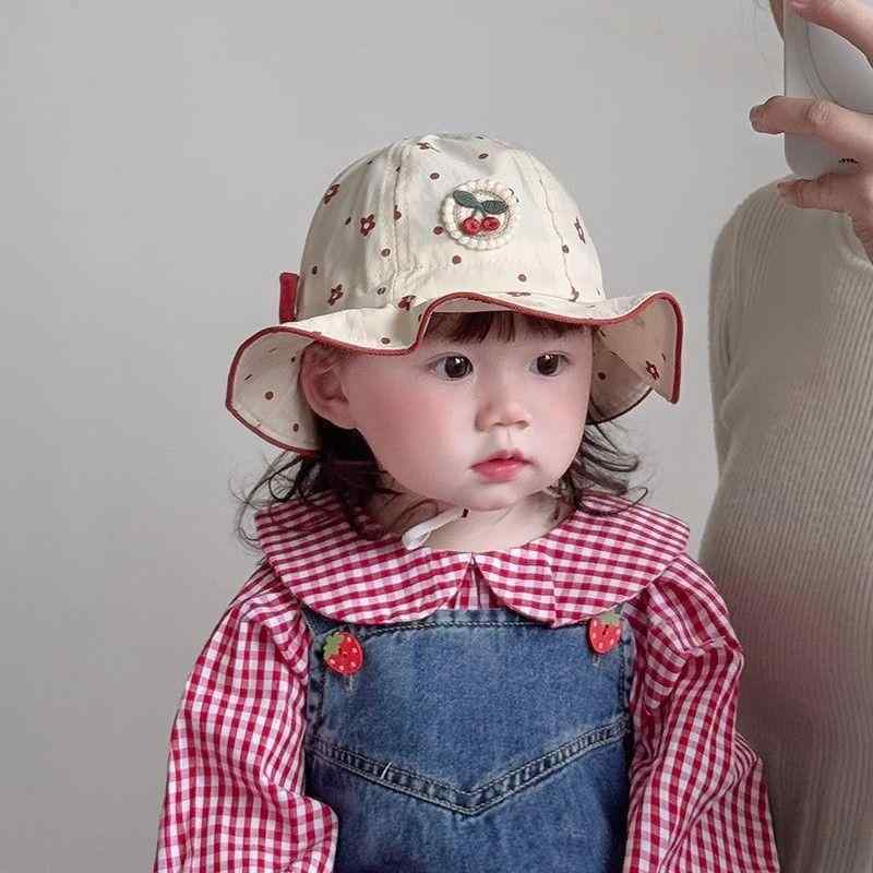 帽子 ベビー 幼児 赤ちゃん 春夏 薄手 つば広 バケットハット 韓国風 おしゃれ かわいい 小花柄 さくらんぼ柄 日よけ UVカット 紫外線対策 通気性 カジュアル(x2)