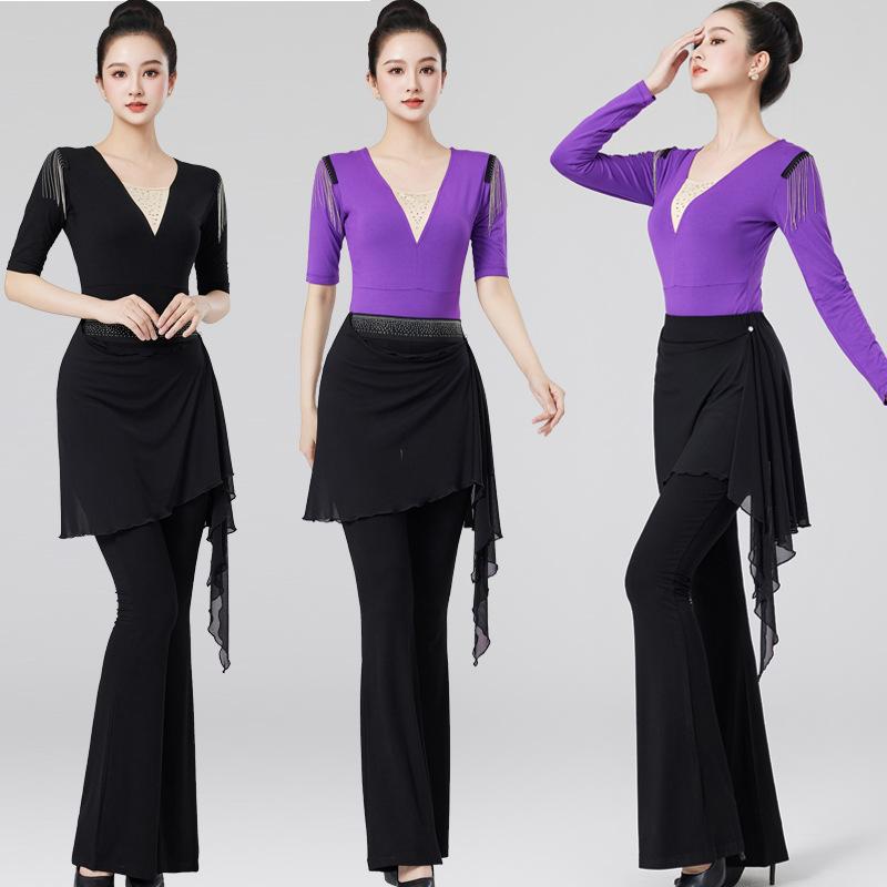 ダンスウェア レディース 女性用 モダール ストレッチ ラインストーン 練習着 レッスン着 トレーニング フィットネス バレエ ヨガ モデル ウォーキング 講師 発表会 ステージ レオタード セパレート スカートパンツ 半袖 長袖 オールシーズン 高級感