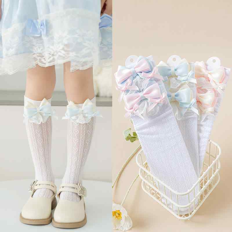 ソックス キッズ 女の子 メッシュ 通気性 薄手 ロリータ カラフル リボン かわいい ストレート ミドル丈 ナイロン スパンデックス 3-12歳用
