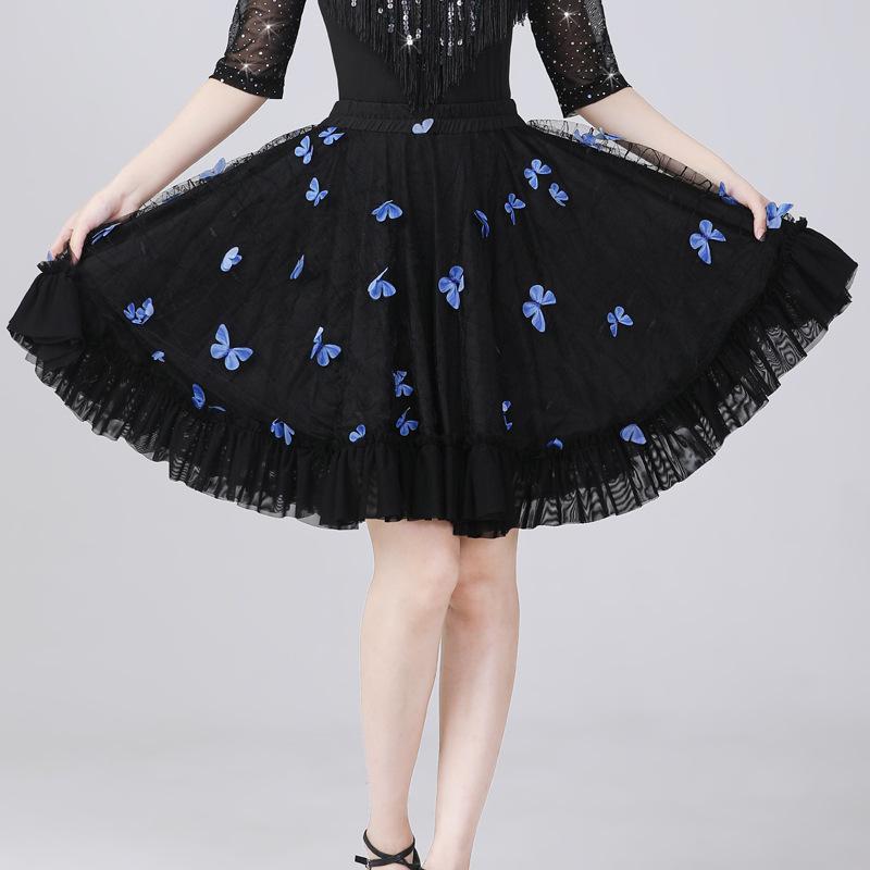 ダンス衣装 レディース 社交ダンス パフォーマンス 大人用 立体的 バタフライ チュール フレア ショート丈 スカート ポリエステル