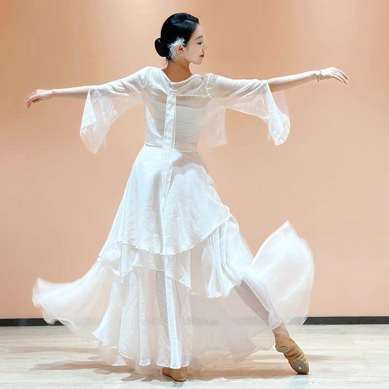 ダンスウェア レディース 古典舞踊 民族舞踊 発表会 舞台衣装 練習着 レッスンウェア 軽やか シースルートップス フレアロングスカート 古風 仙女風 エレガント セットアップ