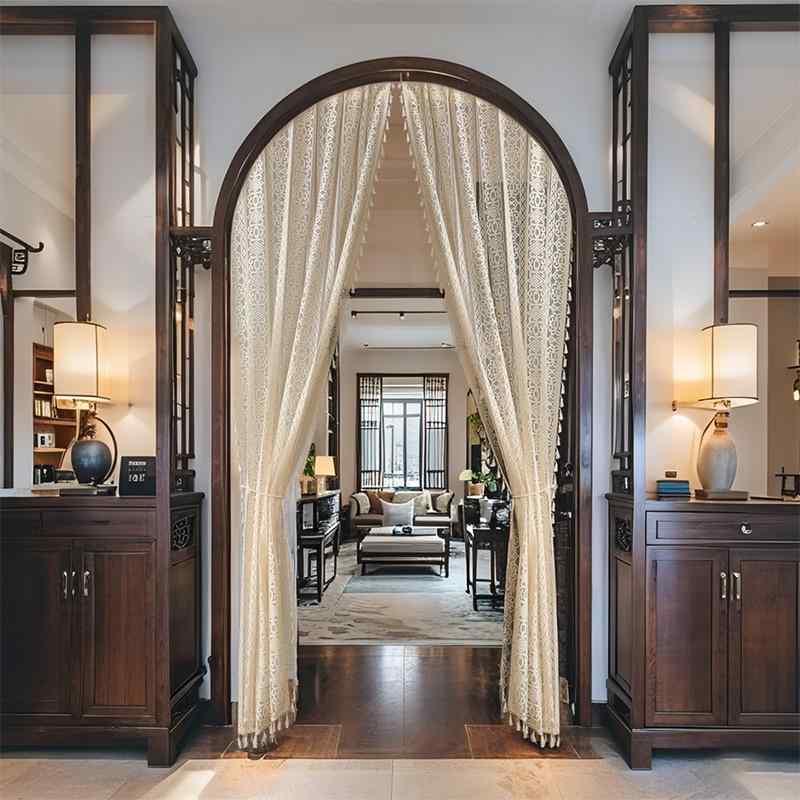ドアカーテン 間仕切り のれん ボヘミアン レース 刺繍 突っ張り棒式 工具不要 クリームカラー レトロ 高級感 おしゃれ ポリエステル リビング 玄関 寝室 ダイニング 幾何学模様