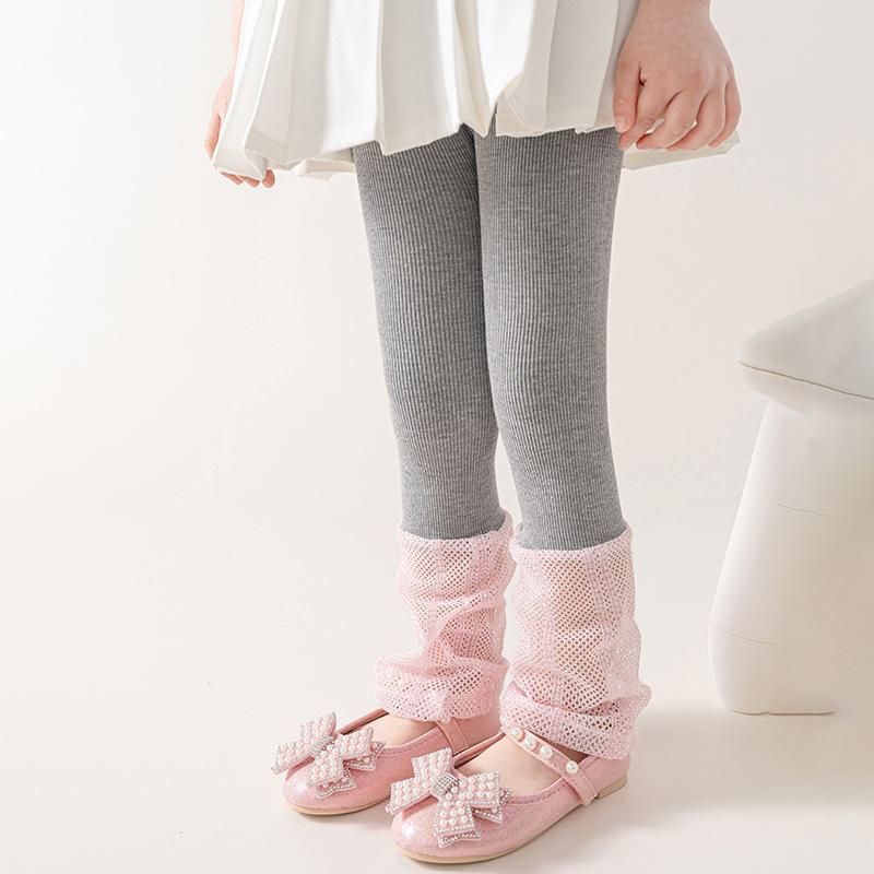 レギンス 女の子 キッズ ジュニア 春夏 再生繊維 ラメ糸 透かし編みメッシュ 切り替え ミドルウエスト 九分丈 アンクル丈 くしゅくしゅ ダンス スパッツ 韓国ファッション 多色展開
