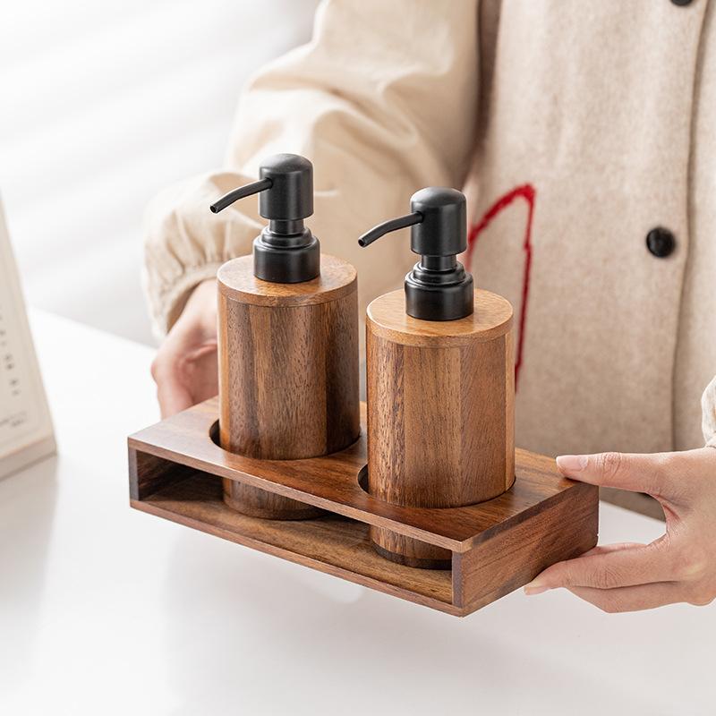 ディスペンサーボトル ウォールナット 無垢材 プッシュ式 ポンプボトル 高級感 ホテルライク シャンプ..