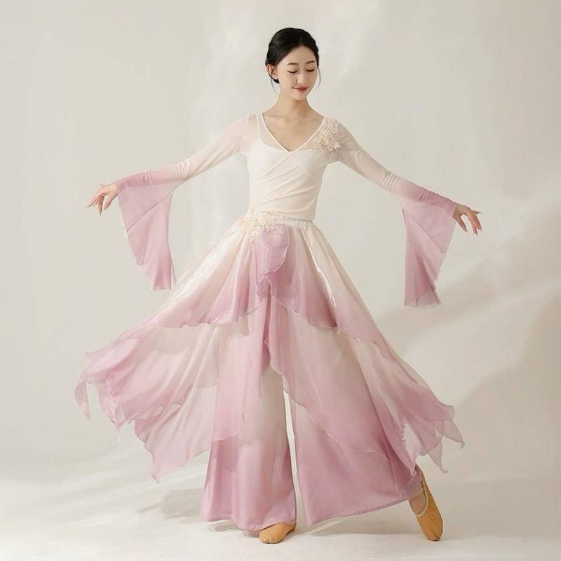 ダンスウェア メンズ 古典ダンス 発表会 舞台衣装 軽やか 光沢感 シアーシャツ グラデーション 澄んだ波紋デザイン キュロットパンツ 上下セット 山鬼モチーフ