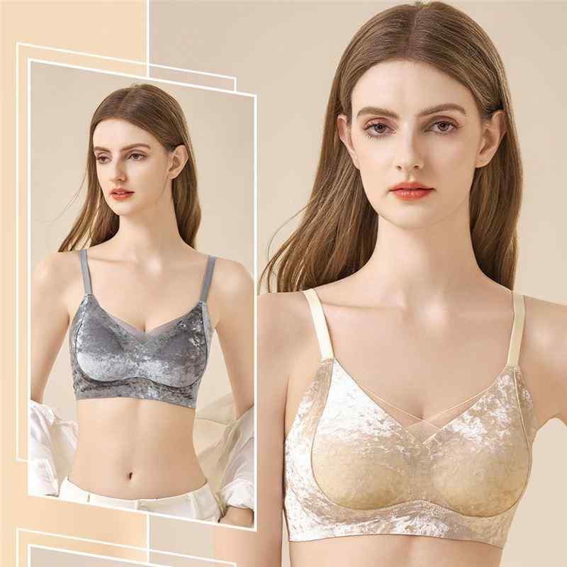 ブラジャー レディース シームレス ノンワイヤー 谷間メイク リフトアップ 補正 薄手 ソフトサポート 高級感 ベルベット ベロア 秋冬