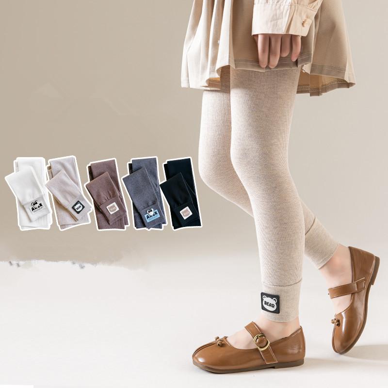 レギンス 女の子 キッズ ストレッチ クマ柄 縦ストライプ 九分丈パンツ 春秋 小学生 ガールズ 普段着 通園 通学 ルームウェア 綿ポリエステル混紡 95cm 100cm 110cm 120cm 130cm 140cm 150cm対応