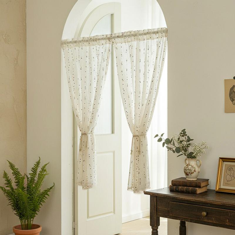 カフェカーテン ナチュラル おしゃれ かわいい キャンディ豆柄 透け感 レース 目隠し 間仕切り ショート丈 小窓用 寝室 キッチン 出窓 書斎 ドアカーテン ポリエステル