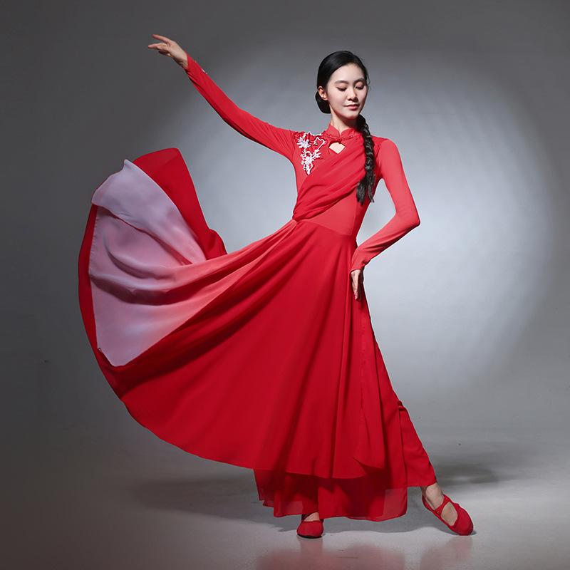 ダンスワンピース レディース 中国風 古典舞踊 現代舞踊 舞台衣装 ステージ衣装 ロング丈 フレアスカート シフォン素材 ポリエステル 発表会 オープニング ソロ 伴舞