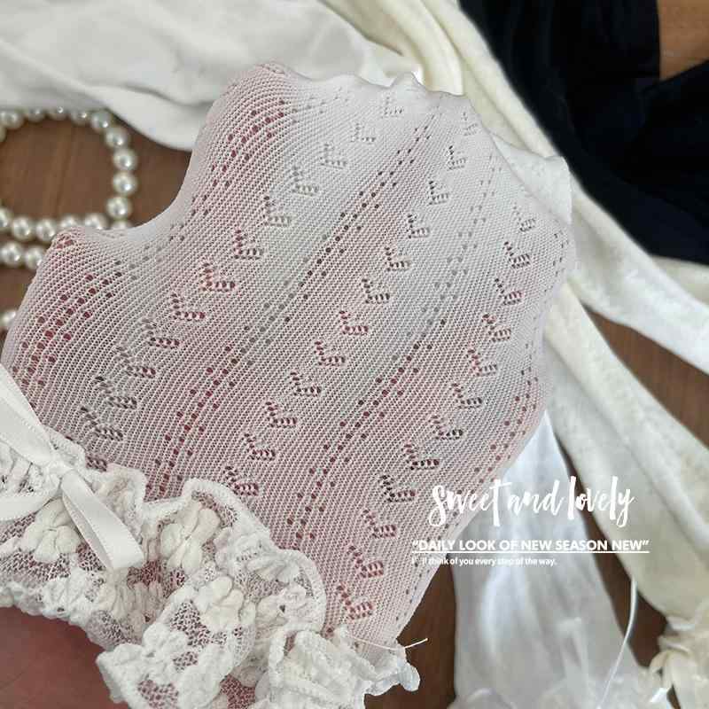 タイツ 女の子 春夏 薄手 ロリータ メッシュ ハート柄 レース フリル 通気性 かわいい 肌着 イギリス風 トレンド 白 黒 ベージュ 3歳 8歳 小学生