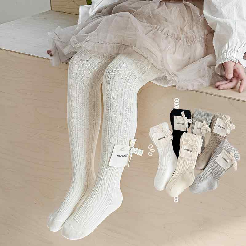 タイツ 女の子 ベビー キッズ 子供用 通気性 中厚手 綿混 レース リボン 布タグ かわいい おしゃれ ジャガード織り 春秋 幼稚園 小学生 幼児 小中学生向け かかと付き 多色展開