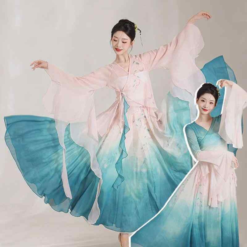 ダンス衣装 メンズ 中国古典舞踊 練習着 レッスンウェア 発表会 舞台衣装 舞踊美 カイドウ花 グラデーション メッシュ トップス 優雅 フレアスカート 麻 リネン 通気性抜群
