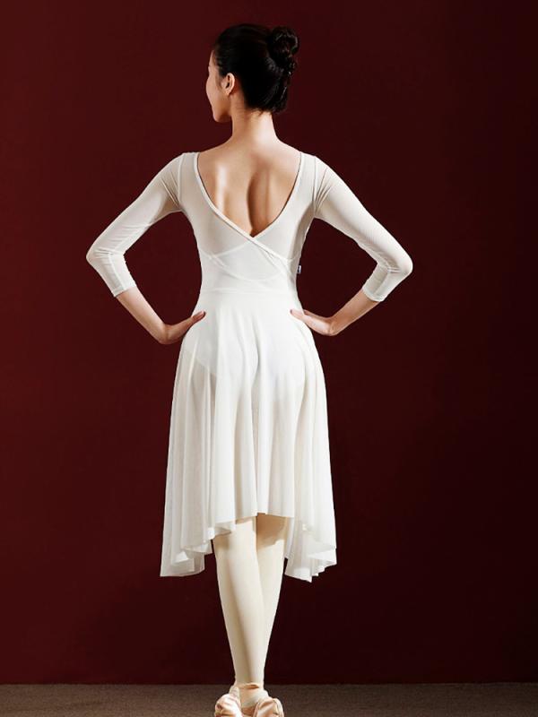 バレエ ダンスウェア レディース 女性用 大人用 レオタード 中国舞踊 発表会 練習用 軽やか チュールスカート一体型 ボディスーツ レッスン着 白 ナイロン 再生繊維