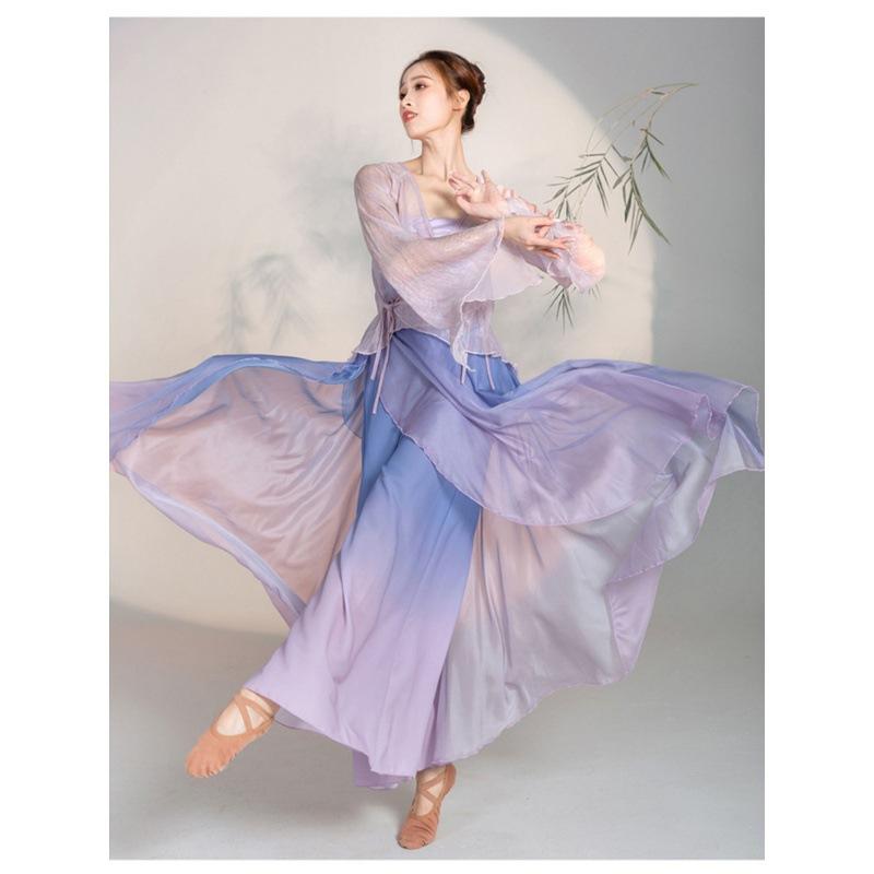 ダンス衣装 レディース 竹繊維 吸湿速乾 軽量 古典舞踊 練習着 発表会 舞台 シアートップス ワイドパンツ ロングスカート セットアップ パープル 春夏