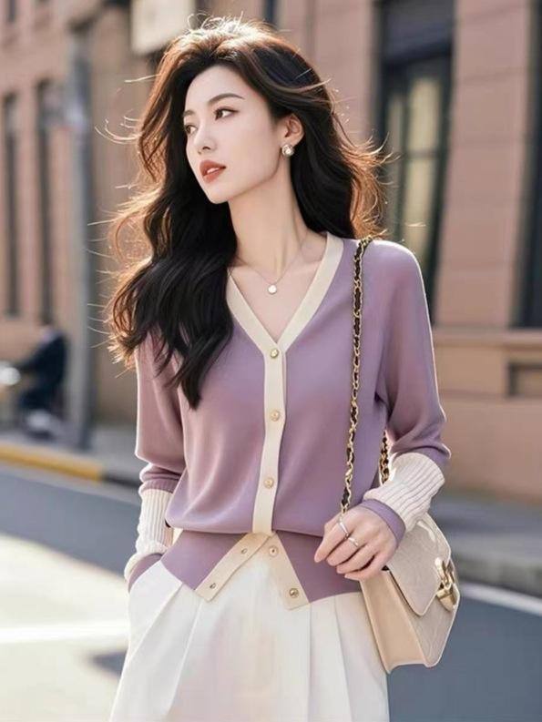 カーディガン レディース 韓国ファッション 配色切り替え Vネック ニット 春夏 長袖 エレガント おしゃ..