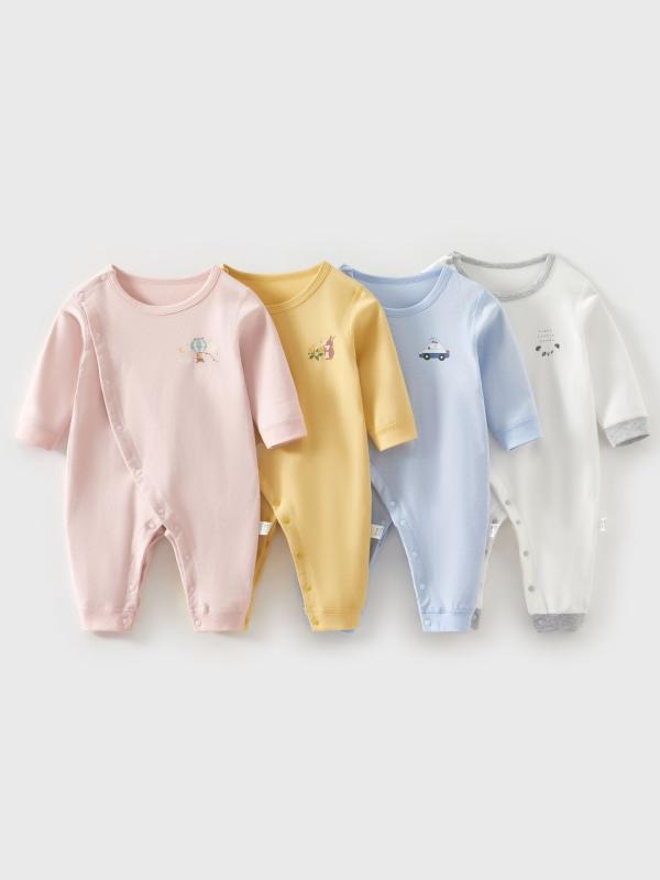 ・主な素材: 綿100%・適用シーズン: 春、秋、冬・対象年齢: 新生児 (0〜1歳、身長80cm以下)・性別: 男女兼用・袖丈: 長袖・フード: なし・厚さ: 普通・開閉部: 斜めシングルボタン・スタイル: シンプル・カテゴリ: ロンパース・カラー展開: グレーホワイト、イエロー、ブルー・サイズ展開: 66cm、73cm、80cm、90cm